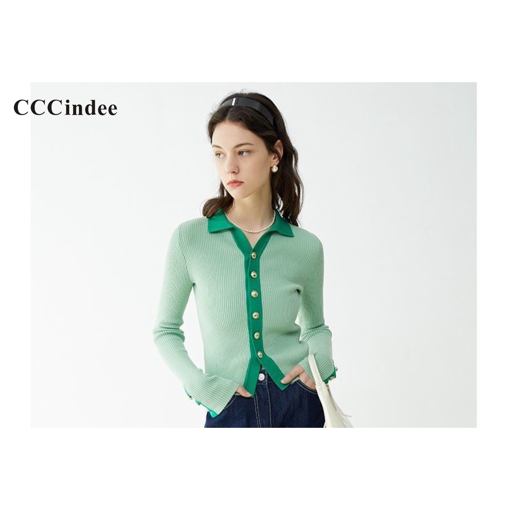 cccindee-เสื้อคาร์ดิแกนลําลอง-คอปก-แต่งกระดุม-เข้ารูป-สีตัดกัน-แฟชั่นใหม่-สําหรับผู้หญิง-2023
