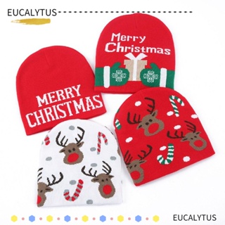 Eutus หมวกบีนนี่ ผ้าถักอะคริลิค แบบสวมหัว พิมพ์ลายตัวอักษรคริสต์มาส กวาง ให้ความอบอุ่น แบบลําลอง