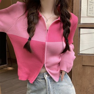 เสื้อแจ็กเก็ตคาร์ดิแกนแขนยาว ผ้าถัก แต่งซิปคู่ สีคอนทราสต์ แฟชั่นฤดูใบไม้ร่วง สําหรับผู้หญิง