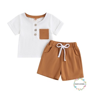 Babyclothes- ชุดเสื้อยืด แขนสั้น สีตัดกัน และกางเกงขาสั้น แฟชั่นฤดูร้อน สําหรับเด็กผู้ชาย 2 ชิ้น