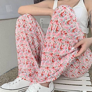 446# High Waist Pink Lounge Pants womens summer pleated pants floral mopping pants