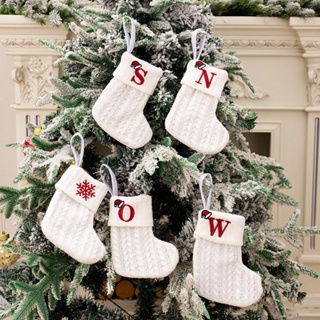ถุงเท้าถัก ผ้าขนสัตว์ ปักลายตัวอักษรคริสต์มาส สีขาว เหมาะกับของขวัญ สําหรับเด็ก