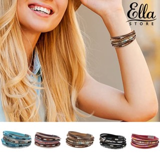 Ellastore123 สร้อยข้อมือหนังเทียม หลายชั้น แฮนด์เมด สไตล์โบฮีเมียน โบฮีเมียน เครื่องประดับแฟชั่น สําหรับผู้หญิง