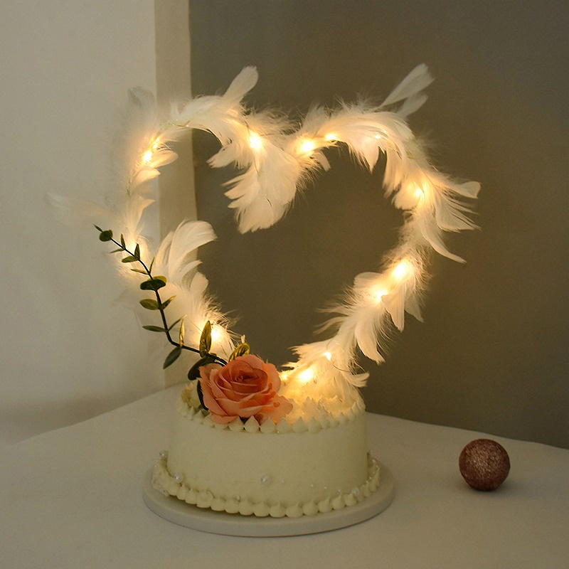 ท็อปเปอร์ขนนก-รูปหัวใจ-มีไฟ-led-สําหรับตกแต่งเค้กวันเกิด-งานแต่งงาน-วันวาเลนไทน์