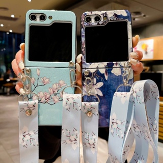 เคสโทรศัพท์ TPU ลายดอกไม้ ฝาพับ พร้อมสายโซ่คล้อง สําหรับ Samsung Galaxy Z Flip 5 Bling Z Flip5 Flip Z 5