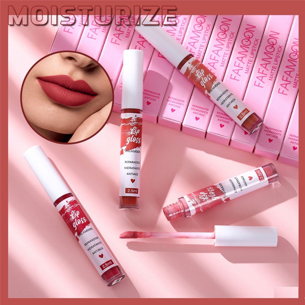 julystar-1pcs-fafamoon-lip-glaze-matte-velvet-lip-nude-ช็อกโกแลตลิปสติก-red-lip-tint-lip-glaze-เกาหลีกันน้ำยาวนานแต่งหน้า