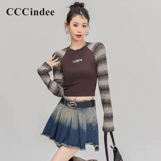 Cccindee ใหม่ เสื้อยืดลําลอง แขนยาว คอกลม เข้ารูป สีตัดกัน แฟชั่นสําหรับสตรี 2023 2023