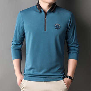 Spot high quality] long-sleeved POLO shirt mens lapel t-shirt embroidered zipper blouse mens middle-aged father wearing spring and autumn casual cotton fashion clothes for boys