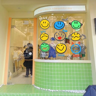 สติกเกอร์ ลายการ์ตูนหน้ายิ้ม แบบสร้างสรรค์ สําหรับติดตกแต่งกระจก หน้าต่าง ประตู ร้านชา กาแฟ นมเด็ก