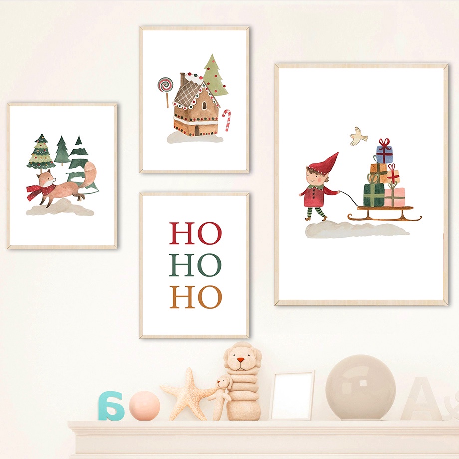โปสเตอร์ภาพวาดผ้าใบ-รูปซานตาคลอส-สุนัขจิ้งจอก-กระต่าย-ต้นสน-ของขวัญคริสต์มาส-สําหรับตกแต่งผนังห้องเด็ก