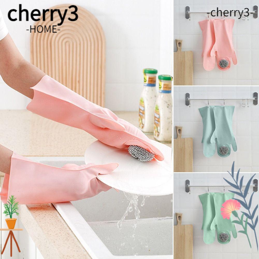 cherry3-ถุงมือยาง-pvc-กันน้ํา-ทนทาน-สีพื้น-สําหรับทําความสะอาดจาน-หม้อ-งานบ้าน-1-คู่