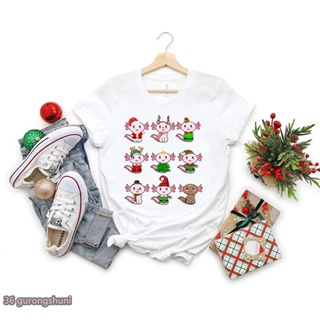 เสื้อยืดแขนสั้น พิมพ์ลายการ์ตูน Axolotl Merry Christmas แฟชั่นฤดูร้อน สไตล์ฮาราจูกุ สําหรับผู้หญิง