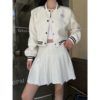 YMLD PRA * A 23 autumn and winter New letter printing short baseball coat design high waist pleated overskirt age-reducing suit