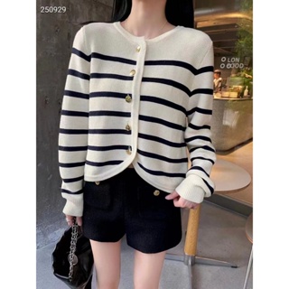 XW0K CEL 23 autumn and winter New Navy style striped contrast color Arc de Triomphe button long sleeve cardigan aging all-match knitwear for women