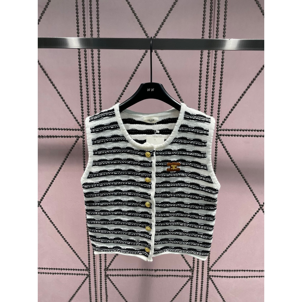 debg-cel-23-autumn-and-winter-new-black-and-white-classic-color-matching-knitted-vest-metal-button-letter-embroidered-arc-de-triomphe-knitwear