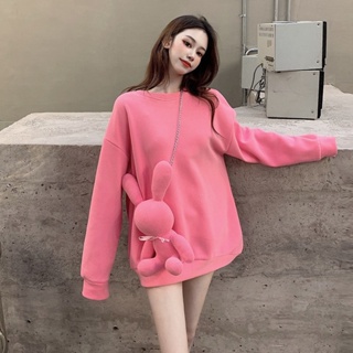 2023 Autumn and Winter New Loose Mid-length Solid Color Round Neck Pullover Fleece-lined Thickened Sweatshirt Womens Rabbit Decorative Top