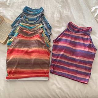 เสื้อกั๊กสลิงสั้น ลายทาง สีตัดกัน เข้ากับทุกการแต่งกาย แฟชั่นฤดูใบไม้ร่วง สําหรับผู้หญิง 1U2L