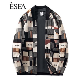 ESEA แฟชั่นผู้ชายเสื้อโค้ทแบรนด์ฤดูใบไม้ผลิและฤดูใบไม้ร่วงการออกแบบความรู้สึกพิมพ์รูปทรงเรขาคณิตที่ผิดปกติของผู้ชายเสื้อโค้ทถักยอดนิยม