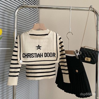 Girls 2022 Spring and Autumn New girls striped college style shawl knitted sweater bottoming pleated skirt two-piece set KJUU