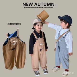 Zuo Xiaoran childrens clothing 2023 Autumn New Korean style boys and girls suspender trousers childrens knitted contrast color suspender pants JKHC