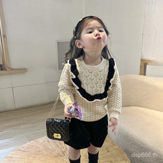 Girls sweater 2023 Spring and Autumn New hollow-out sweater knitted sweater bract shorts pumpkin pants two-piece set L1LZ