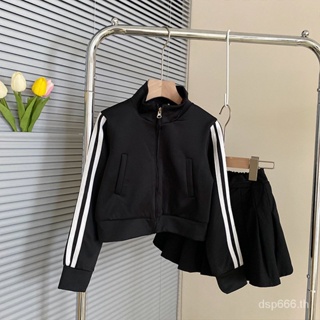 Girl 2023 spring new female baby girl American stand collar short coat black all-match pleated skirt two-piece set DKY5