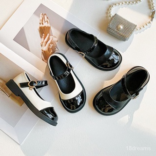 รองเท้าหุ้มส้น รองเท้าเจ้าหญิงสีตัดกันสีดำและสีขาว การออกแบบสไตล์อังกฤษ สวมใส่สบาย