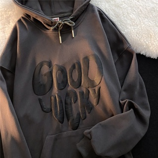 2513 Foam Letters Print Back Cover Neck Double Hooded Hoodie womens autumn new thin loose top sweater