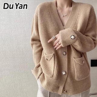 Du Yan 2023 เสื้อกันหนาวคาร์ดิแกน ผ้าถัก ความยาวปานกลาง แฟชั่นฤดูใบไม้ร่วง และฤดูหนาว