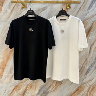 Dolce Dg เสื้อยืด คอกลม แขนสั้น ผ้าฝ้าย 100% ประดับเพชร สีทอง โอเวอร์ไซซ์ S-7XL Gabbana สําหรับผู้หญิง ผู้ชาย