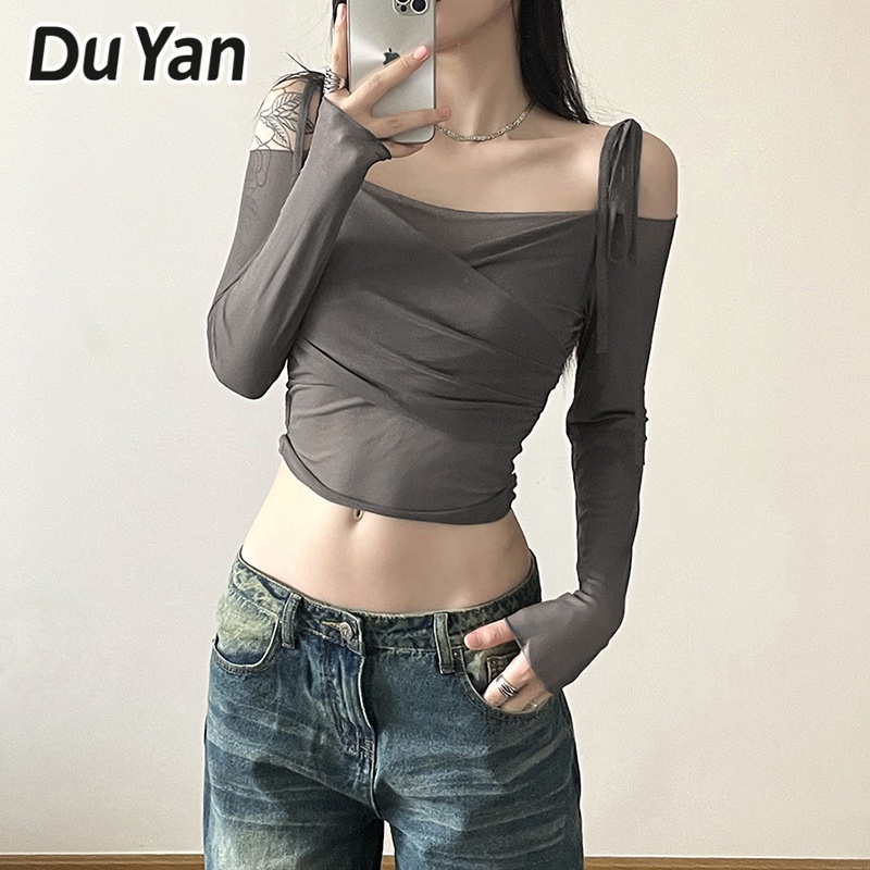 du-yan-เสื้อยืดแขนยาว-เปิดไหล่ข้างเดียว-เข้ารูป-สีพื้น-สไตล์ยุโรป-และอเมริกา-สําหรับผู้หญิง