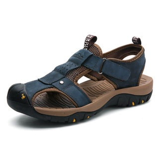 รองเท้าแตะ Velcro หนังวัว สีฟ้า แฟชั่นฤดูร้อน สําหรับผู้ชาย ไซซ์ 38-46