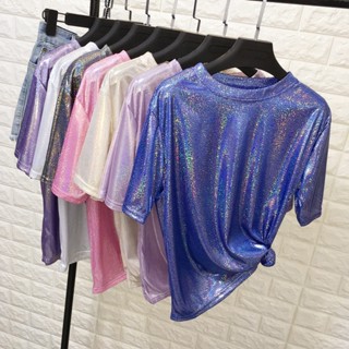ใหม่ เสื้อยืดลําลอง แขนสั้น ผ้าไหม ทรงหลวม สไตล์เรโทร เซ็กซี่ สําหรับสตรี เหมาะกับฤดูร้อน