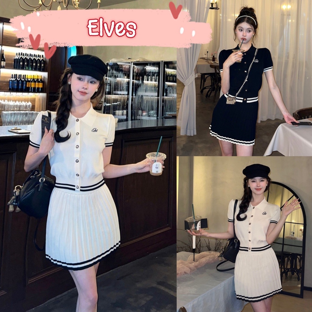 elves-พร้อมส่ง-ชุดเซ็ท-เสื้อแขนสั้นกระดุมหน้า-กระโปรงไหมพรมผ้าพลีส-7682-7682-1-c