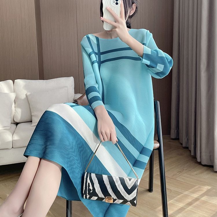 miyake-ชุดเดรสกระโปรงพลีท-แขนสามส่วน-พิมพ์ลาย-ทรงหลวม-ลายทาง-เหมาะกับฤดูร้อน-สําหรับสตรี-2023