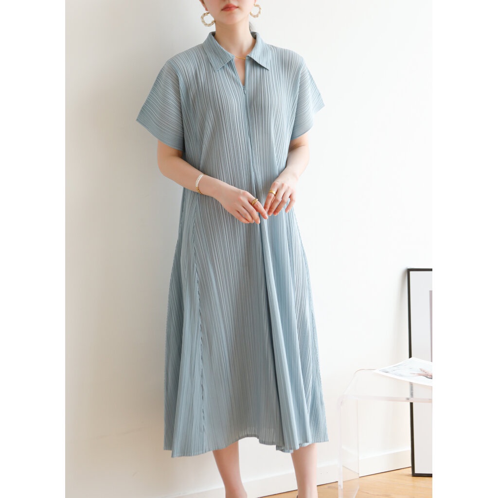 2muay-รุ่น-gjo3673-เดรสผู้หญิง-เดรสพลีทคุณภาพ-collar-zip-pleat-dress-8-สี-free-size