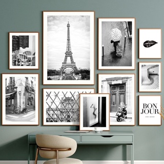 โปสเตอร์ภาพวาดผ้าใบ รูปเมืองปารีส ทาวเวอร์ สีดํา สีขาว สไตล์โมเดิร์น สําหรับตกแต่งผนังบ้าน ห้องนั่งเล่น