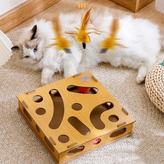 PP Cat Toy Puzzle Box Claw Grinding Interactive กล่องเกมแมวที่น่าสนใจพร้อม Teasing Stick และ Bell Ball