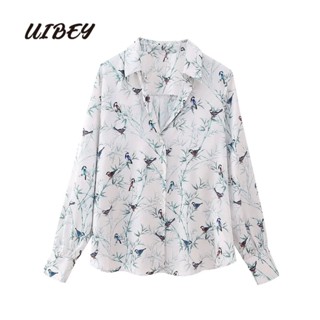 Uibey เสื้อเชิ้ตแขนยาว คอปก พิมพ์ลาย ทรงหลวม แฟชั่น 3927