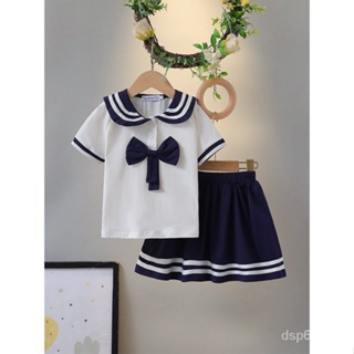 Girls suit summer new college style short-sleeved doll collar childrens clothing short skirt cute childrens two-piece set for girls JPH5