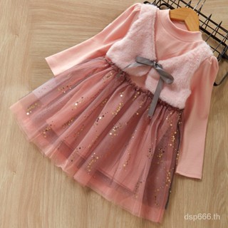 Girls Spring and Autumn new dress fake two-piece princess dress Western style childrens clothing small and medium childrens mesh lace shawl skirt IGWJ