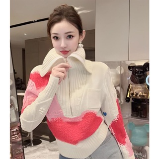 European Lazy Style High-end Super Good-looking White Contrast Lapel Thickened Inner Knitted Sweater Womens Autumn and Winter