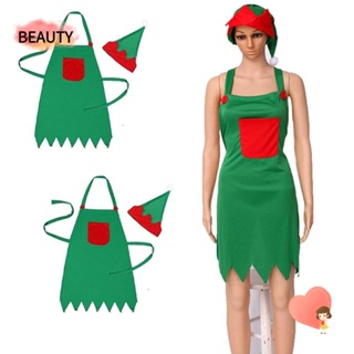 Beauty ผ้ากันเปื้อน และหมวก ลายคริสต์มาสน่ารัก ไม่ทอ สีเขียว สําหรับถ่ายรูป คอสเพลย์ ปาร์ตี้คริสต์มาส