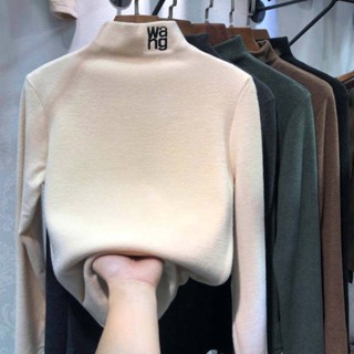 เสื้อยืดแขนยาว ผ้ากํามะหยี่ คอปกสูง ปักลายตัวอักษร สไตล์ตะวันตก เหมาะกับฤดูใบไม้ร่วง และฤดูหนาว สําหรับผู้หญิง