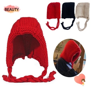 Beauty หมวกถักไหมพรม ป้องกันหู สีแดง แฟชั่นฤดูใบไม้ร่วง และฤดูหนาว สําหรับผู้หญิง