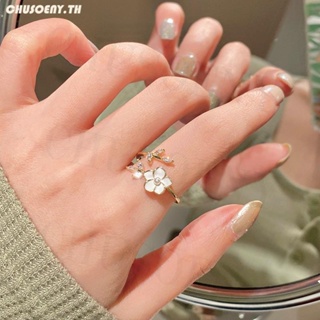 แหวนนิ้วชี้ รูปดอกคามิเลีย ประดับไข่มุก สามารถปรับได้ สไตล์เกาหลี