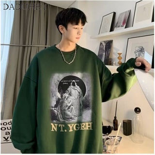 DaDuHey🔥 Mens 2023 Hong Kong Style Vintage Fashion Brand Thin All-Matching Long Sleeve Top Spring and Autumn Fashion Loose Print round Neck Sweater