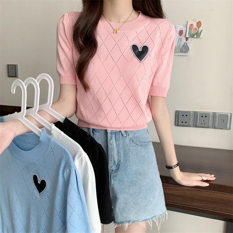 LittleBee_shop.01010 เสื้อไหมพรมแขนสั้นเกาหลี คอกลม แขนสั้น ลายปักหัวใจ ...