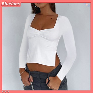 บลูแลน|  เสื้อครอปท็อปแขนยาวลําลอง คอสี่เหลี่ยม น้ําหนักเบา ระบายอากาศได้ดี สุดชิค แฟชั่นฤดูใบไม้ร่วง สําหรับผู้หญิง