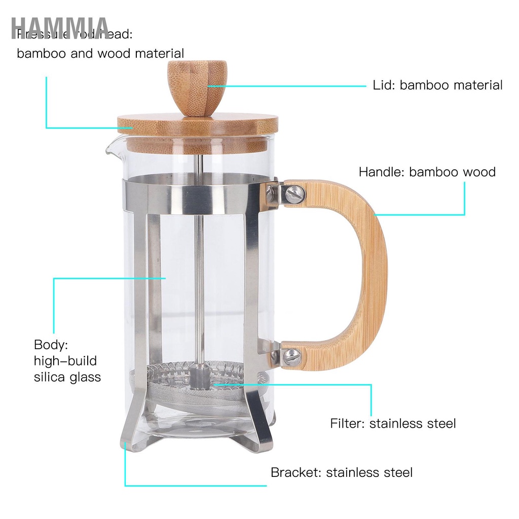 hammia-หม้อกดฝรั่งเศสทนความร้อนเครื่องชงชากดฝรั่งเศสพร้อมตัวกรองสแตนเลสและที่จับไม้ไผ่สำหรับบ้าน